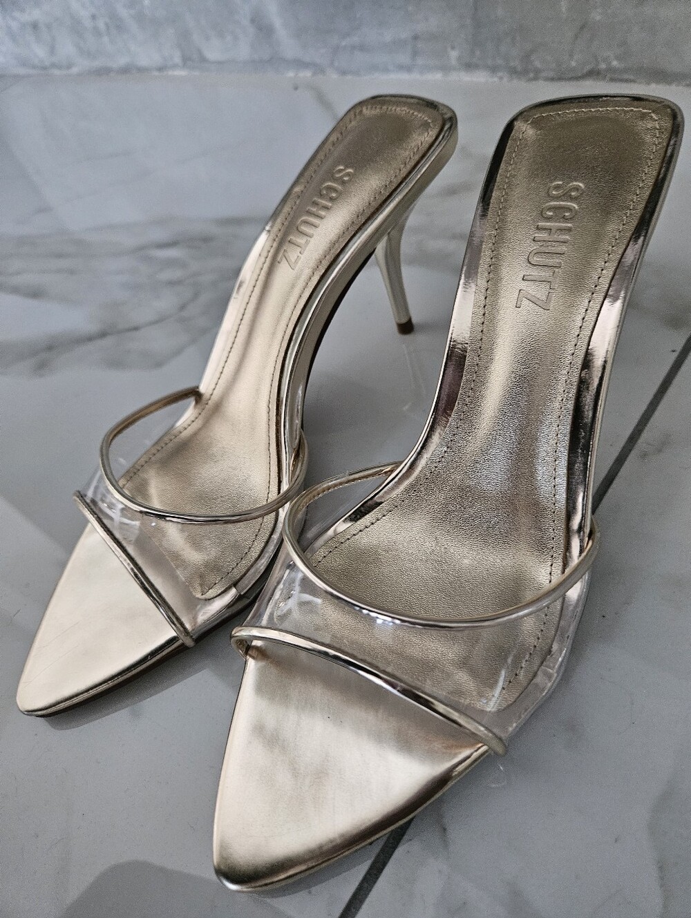 SCHUTZ Gold Metallic Pointed Toe Slide Mules